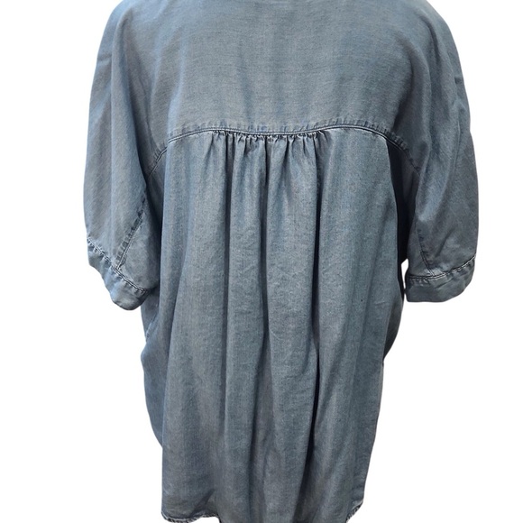 Sharango XL Chambray Denim Gathered Oversized Blouse Pocket Dolman S/S Lyocell - Picture 2 of 6